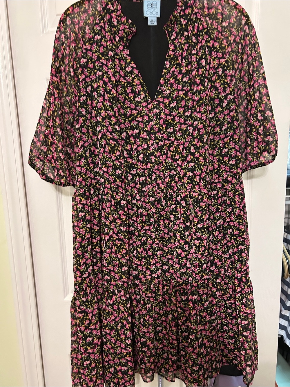 CeCe Black Dress with Pink Floral Print